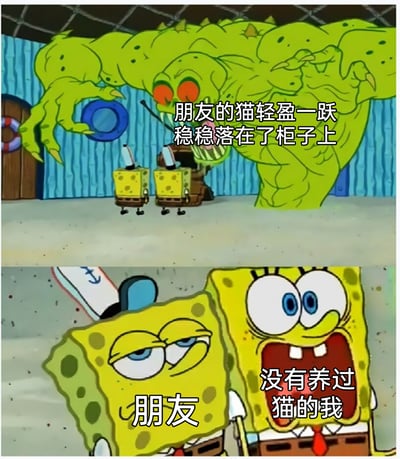 这是一张改编自动画《海绵宝宝》的梗图，分为上下两部分。上半部分展示绿色海怪俯身对着两个海绵宝宝，配文“朋友的猫轻盈一跃稳稳落在了柜子上”，描述朋友的猫拥有出色的弹跳力；下半部分是两个海绵宝宝，左边的海绵宝宝眼神慵懒、一脸淡定，标注为“朋友”，右边的海绵宝宝双眼圆睁、大张嘴巴，极度震惊，标注为“没有养过猫的我”，通过两者的表情反差，生动表现出养猫人对猫咪的弹跳力习以为常，而没养过猫的人对此感到无比惊讶的搞笑对比。