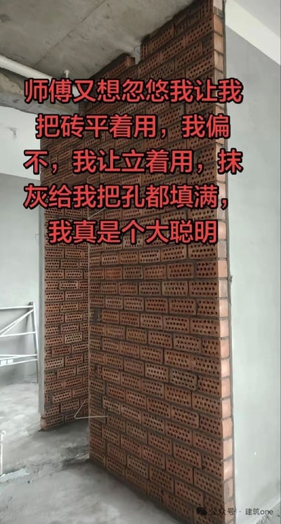 这是一张装修施工现场的实拍图，画面主体是一堵刚砌筑完成的多孔砖墙，所有多孔砖都被立着摆放，砖的孔洞朝向水平方向。图上叠加了醒目的红色文字，以业主的视角自述不听施工师傅提出的平着用砖的建议，执意要求工人把砖立着砌筑，还要求后续抹灰把砖的孔洞全部填满，并且自夸自己很聪明。实际上这种立砌多孔砖的操作不符合建筑施工规范，会大幅降低墙体的结构稳定性，属于错误的装修操作，内容带有强烈的反讽搞笑效果，讽刺了不懂专业知识还乱指挥施工的业主。
