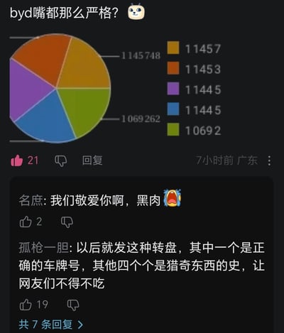 这是一张国内社交平台的评论区截图，楼主发布了一张改编猎奇数字的饼图，并配文“byd嘴都那么严格？😺”，吐槽比亚迪（byd）的车牌审核严格，饼图中的大数字如1145748、1069262，右侧标注的短数字如11457、10692，都是对INM圈经典猎奇梗数字114514、1069的改编，刻意接近这些敏感梗数字来玩梗。下方两条回复也跟着玩梗，一条是“我们敬爱你啊，黑肉😭”，另一条提议制作类似转盘，用正确车牌号搭配猎奇梗数字来整活网友。

玩梗说明：“114514”“1069”是INM圈的经典猎奇梗数字，常被用来玩低俗烂梗；“byd”是“比亚迪”的拼音缩写，同时也是脏话谐音，这里结合语境指比亚迪。