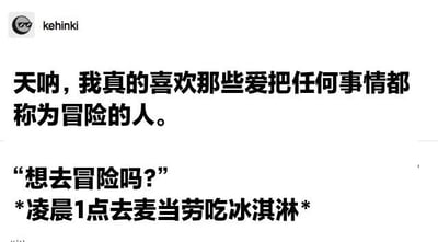 这是一张来自社交平台Twitter（X）的用户发布截图，整体为纯文字形式。发布者kehinki首先表达了对那些喜欢将任何小事都冠以“冒险”之名的人的喜爱，随后通过“想去冒险吗？”的提问，搭配“凌晨1点去麦当劳吃冰淇淋”的具体内容，用幽默夸张的方式调侃了把日常深夜的小出行夸张成“冒险”的有趣心态，这种将平凡生活小事赋予浪漫化、趣味化定义的表达，展现了年轻人轻松随性、善于从日常中发掘乐趣的生活态度。