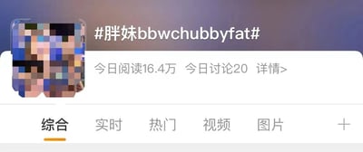 图片展示了一个社交媒体平台的话题页面，顶部显示话题标签“#胖妹bbwchubbyfat#”，左侧有一张被马赛克处理的图片。标签下方显示“今日阅读16.4万 今日讨论20”及“详情>”链接。页面底部有“综合”“实时”“热门”“视频”“图片”五个导航标签，其中“综合”标签被橙色下划线标记，最右侧有一个“+”按钮。