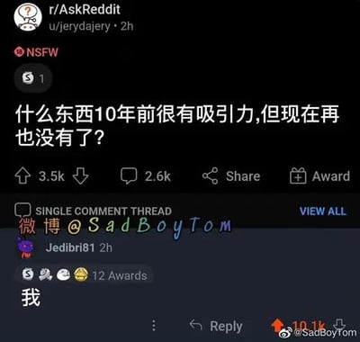 这是一张Reddit社区r/AskReddit板块的帖子截图，原帖楼主提问“什么东西10年前很有吸引力，但现在再也没有了？”，有网友用一句“我”回复，精准戳中了不少人随着年龄增长产生的自我调侃心态，该回复获得了10.1k的高点赞。图片被添加了中文翻译和微博水印@SadBoyTom，在国内社交平台传播，用自嘲的方式引发共鸣。