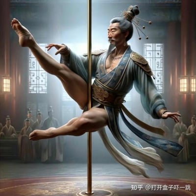 这张图片展示了一位身穿传统中国服饰的老者正在表演钢管舞。老者梳着古代发髻，佩戴发簪，留着长胡须，上半身穿着半敞的蓝色长袍，露出结实的胸膛和手臂肌肉，下半身仅着短裤。他单腿缠绕在金色钢管上，另一条腿向后高高抬起，双手做出优雅的舞蹈姿势，长袍的袖子和飘带在空中飞舞，展现出极具反差感的画面。背景是古色古香的中式建筑，有雕花窗棂和灯笼，远处还有几位身穿传统服饰的人在观看。整个场景将古代中国元素与现代钢管舞艺术结合，形成了强烈的视觉冲击和幽默感。