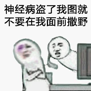 这是一张图文混排的P图改编表情包，上方配有醒目文字“神经病盗了我图就不要在我面前撒野”，下方是两个经过魔改的抽象表情包人物：左侧人物眼眶青紫，双臂抱于胸前，神情委屈又带着愤怒；右侧人物从屏幕中探出头，面部表情狰狞愤怒，仿佛正在斥责对方。整体画面用搞笑夸张的表情包形式，表达了原创者发现自己的图片被盗用后，对盗图者的愤怒与不满，适合在遭遇盗图侵权时用来抒发情绪、斥责对方。