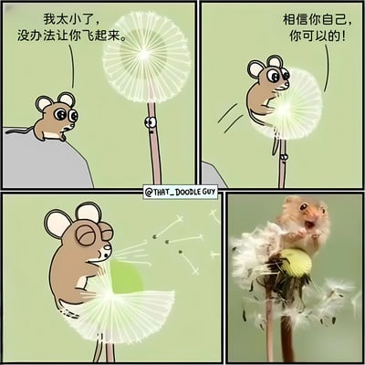 四格漫画讲述了一只小老鼠帮助蒲公英传播种子的励志故事。第一格中小老鼠看着蒲公英说："我太小了，没办法让你飞起来。"；第二格中小老鼠爬上蒲公英鼓励道："相信你自己，你可以的！"；第三格中小老鼠用力吹蒲公英，种子四散飞去；第四格为真实照片，一只仓鼠坐在蒲公英上，种子已散落。