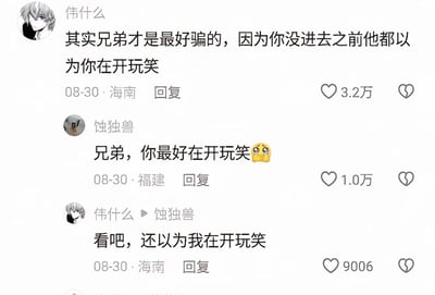 社交媒体平台上的聊天记录截图，展示了用户'伟什么'与'蚀独兽'关于兄弟间开玩笑的互动。'伟什么'称'其实兄弟才是最好骗的，因为你没进去之前他都以为你在开玩笑'，'蚀独兽'用哭泣表情回复'兄弟，你最好在开玩笑'，随后'伟什么'回应'看吧，还以为我在开玩笑'。三条消息均发布于08-30，分别来自海南和福建，点赞数依次为3.2万、1.0万和9006。