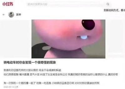 这是一张小红书平台的用户帖子截图，页面左上角带有小红书标识，展示了发布者的头像和昵称“蔓蔓”。内容上半部分是热门卡通角色Loopy的脸部局部特写图，下半部分是发布者的文字吐槽：首先点明骑电动车时遇到的奇怪现象，称迎面而来的大部分男性骑行者不会减速避让，笃定女生会先让行，随后分享了自己和男性骑行者撞车后，对方反而先指责她逆行的亲身经历，末尾用反讽的语气表达不满。