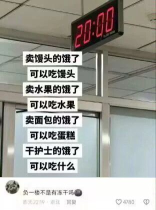 图片中显示一个数字时钟，屏幕上清晰显示时间为20:00。时钟背景为室内场景，上方有白色天花板和灯具。图片中央叠加了多行黑色文字：“卖馒头的饿了可以吃馒头，卖水果的饿了可以吃水果，卖面包的饿了可以吃蛋糕，干护士的饿了可以吃什么”，通过职业与可食用物品的对应关系制造反差幽默。图片底部有一条评论：“负一楼不是有冻干吗”，以调侃的方式回应护士饿了吃什么的问题，形成互动笑点。