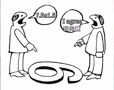 图中是一幅黑白线稿卡通，描绘了两个简笔画人物。左侧人物伸出手指着地面，嘴巴大张， speech bubble 中写着'7.5±1.5'；右侧人物同样手指地面，嘴巴张开， speech bubble 内容为'I agree 我同意'（中英文混合）。两人中间的地面上有一个巨大的、造型独特的问号图案。整体画面简洁，人物表情夸张，似乎在对某个数值'7.5±1.5'达成一致意见，但下方的问号暗示了这一共识背后可能存在疑问或谜团。