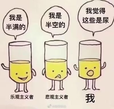 图中展示三个拟人化的黄色液体杯子，从左到右分别标注为'乐观主义者'、'悲观主义者'和'我'。左侧乐观主义者杯子面带微笑，对白为'我是半满的'；中间悲观主义者杯子皱眉，对白为'我是半空的'；右侧'我'的杯子表情惊讶，对白为'我觉得这些是尿'。通过经典的半满/半空哲学问题，加入幽默的第三方视角，调侃不同心态差异。