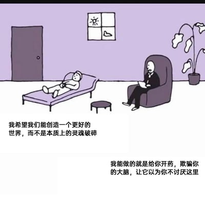 这是一幅卡通风格的讽刺漫画，呈现了典型的心理咨询场景：画面左侧的来访者躺在诊疗床上，向对面的心理医生吐露内心的期许与痛苦，他渴望能创造一个更美好的世界，而非陷入灵魂破碎的精神困境；而右侧的心理医生则无奈地回应，自己所能做的仅仅是开药，通过药物欺骗来访者的大脑，使其产生不厌恶当下环境的错觉。漫画通过这种理想诉求与现实医疗局限的强烈反差，以黑色幽默的方式揭露了现代社会中个体普遍存在的精神焦虑，以及现有心理健康应对手段的无力感，深刻凸显了理想与现实之间的巨大鸿沟，引发观者对社会环境与精神健康议题的反思。
