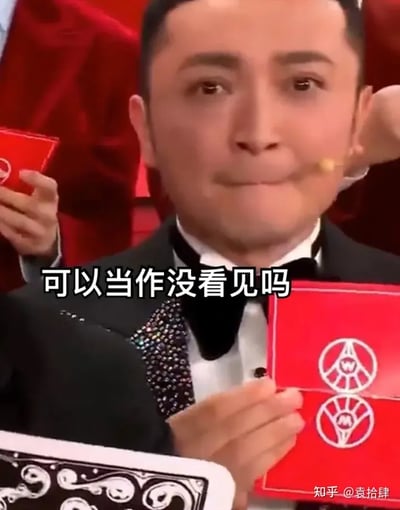 图片是一张综艺或春晚风格的截屏，画面中人物穿着正式服装，手里举着节目卡片，卡片上印有中国风LOGO。截图上的文字“可以当作没看见吗”，常用于网络表达遇到尴尬、不想处理、装作无事发生的幽默情境。整个画风透露出一种无奈又想装傻的搞笑氛围，适用于社交媒体上当作装傻、回避问题时的表情包。该图没有直接的谐音梗或双关，但表现出一种“社死”/睁一只眼闭一只眼的暗示意味。