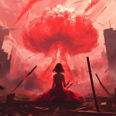 画面中央是一位身穿红色连衣裙的少女，她背对着观众静坐于一片废墟之中。少女前方是一朵巨大的红色蘑菇云爆炸，占据了画面的主要部分，爆炸的光芒照亮了整个天空。周围是被摧毁的城市建筑残骸，散落的钢筋和破碎的混凝土块遍布地面。整个场景以红色和粉色为主色调，营造出一种末日灾难与神秘美感并存的强烈视觉冲击。