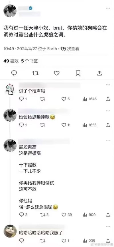 这是一张社交媒体帖子截图，展示了一个关于"天津小奴"的帖子及其评论区互动。帖子内容提到了"虎狼之词"，引发了网友的幽默评论和调侃。评论区有人用相声捧哏的方式回应，还有人模仿天津方言风格进行互动，整体氛围轻松搞笑。