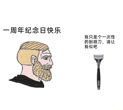 这是一张趣味图文梗图，顶部标注文字“一周年纪念日快乐”，左侧绘制了一位留着浓密络腮胡的卡通男性，他表情严肃，以侧面静止姿态呈现；右侧是一把多刀头手动刮胡刀，旁边配有拟人化的文字“我只是个一次性的刮胡刀，请让我似吧”，其中“似”是“死”的谐音，玩了谐音梗。整幅图结合一周年的文字，暗示该男性可能长达一年未刮胡子，让本应一次性使用的刮胡刀要承担远超自身设计的工作量，通过刮胡刀的“绝望诉求”制造出搞笑的反差感，用来调侃生活中疏于打理自身形象的趣事。