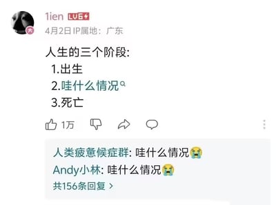 这是一张B站社区的评论区截图，发布者为LV6等级用户“1ien”，IP属地为广东，发布时间为4月2日。评论内容以戏谑的口吻将人生划分为三个阶段：出生、“哇什么情况”、死亡，用夸张的表述调侃多数人在人生过程中始终处于对各类状况感到困惑、茫然的状态。该条评论获得1万点赞，下方可见两条用户回复，均重复“哇什么情况”并搭配流泪表情，体现出强烈的情绪共鸣，该评论下共有156条相关回复。