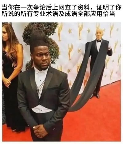 图片展示了一个在争论胜利后的得意场景。画面中央是一位穿着黑色礼服的黑人男性，他的燕尾服被夸张地延长，几乎横跨整个画面。背景中可以看到其他穿着正式礼服的人和带有金色奖杯图案的背景板，表明这是一个颁奖典礼或类似的正式场合。图片上方配有文字：'当你在一次争论后上网查了资料，证明了你所说的所有专业术语及成语全部应用恰当'。

这张梗图通过夸张的视觉效果（超长燕尾服）来幽默地表现一个人在争论中证明自己正确后的得意和优越感。