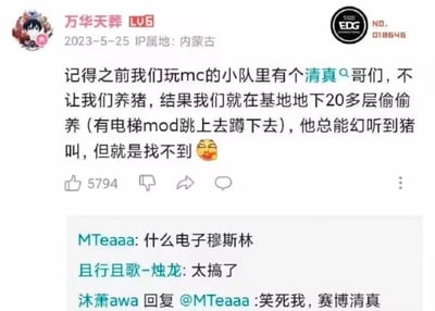 这是哔哩哔哩用户“万华天葬”于2023年5月25日发布的一条动态，IP属地为内蒙古，动态分享了自己与朋友玩《我的世界》（MC）时的趣味整活经历：游戏小队里有一位遵循清真教义的玩家，禁止大家在游戏内养猪，于是其他玩家便借助电梯MOD，在基地地下20多层偷偷养猪，这位玩家总能幻听到猪叫，却始终找不到猪的位置。该动态收获了5794个赞，评论区网友用“电子穆斯林”“赛博清真”等玩梗调侃这件事，氛围轻松搞笑。