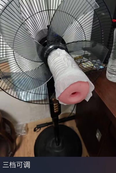 一张搞笑创意图片，展示了一个家用落地风扇，其中心位置被巧妙地安装了一个粉色的性玩具（ dildo ），并用白色纸巾包裹固定。风扇本身具有三档调速功能，而图片底部的文字“三档可调”则形成了幽默的双关语，既指风扇的正常调速功能，又暗示了性玩具的使用特性。这种将日常家电与成人用品意外结合的创意，产生了强烈的喜剧效果和视觉冲击力。