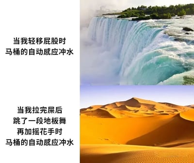 这是一张左右对比的搞笑梗图，左侧为文字描述，右侧为对应的图片展示。上半部分文字为'当我轻移屁股时 马桶的自动感应冲水'，对应右侧的瀑布图片；下半部分文字为'当我拉完屎后 跳了一段地板舞 再加摇花手时 马桶的自动感应冲水'，对应右侧的沙漠图片。通过强烈的视觉对比，幽默地表现了自动感应马桶冲水功能的不可靠和令人迷惑的行为。