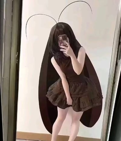 图中是一位女生在镜子前自拍的场景。她穿着一件棕色无袖连衣裙，裙摆有荷叶边设计。背后的白色墙壁上贴着一个巨大的蟑螂图案，图案有长长的触角和宽大的翅膀，恰好位于女生头部和背部后方，从自拍角度看仿佛女生长出了蟑螂的触角和翅膀，营造出滑稽搞笑的视觉效果。女生一手拿着手机遮挡面部，另一手自然下垂，整体画面充满趣味性。