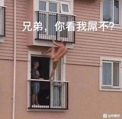 这是一张静态搞笑网络梗图，画面呈现居民楼外墙场景：一名赤裸上身的男子惊险地挂在上方楼层的窗户护栏外侧，身体完全悬空；下方楼层的窗户内站着一名穿着日常衣物的男子，正看向悬空的男子。图片上方配有白色文字“兄弟，你看我屌不？”，此处运用了谐音双关的手法，“屌”既谐音男子此刻“吊（挂）”在窗外的状态，又带有粗俗的挑衅语气，将荒诞的场景和玩梗的文字结合，制造出强烈的搞笑效果，适合在社交平台用于调侃互动。