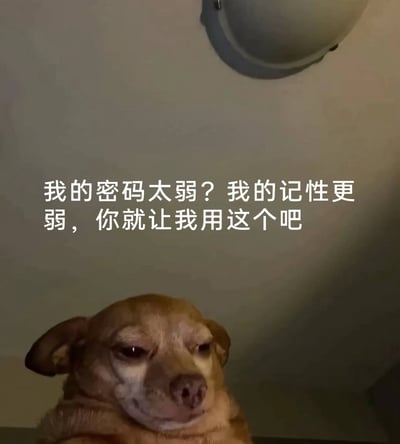 这是一张静态文字加注类表情包，画面下半部分是一只浅棕色的小狗，它眼皮耷拉、眼神委屈，一脸无奈地安静坐着；画面上半部分配有白色的吐槽文字“我的密码太弱？我的记性更弱，你就让我用这个吧”。该图精准捕捉了许多人在设置密码时的真实烦恼：面对系统提示密码强度不足的要求，却因为自身记性差，不想使用复杂密码，只能带着无奈又有点撒娇的心态进行诉求，小狗的委屈神态完美烘托了这种无力的情绪，很容易引发网友的共鸣，适合在聊天或社交平台中用来表达自己不想设置复杂密码的想法。