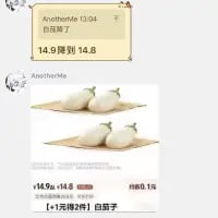这是一张竖屏手机格式的社交媒体商品截图，展示了一款白茄子商品，价格从14.9元下调至14.8元，仅降价0.1元，降幅仅0.1%。截图上方有用户AioiRenthal在13:04发布评论“白涨降了”，结合商品为白茄子的特点玩了谐音梗，调侃此次降价幅度极小，几乎等同于没有降价，充满滑稽的调侃意味。