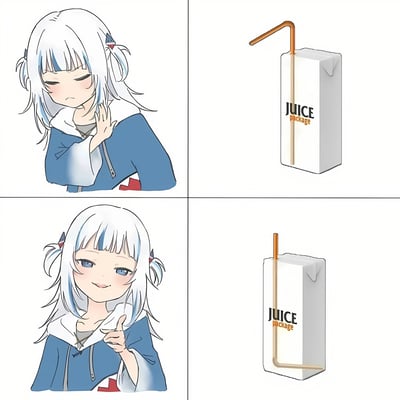 四格漫画展示了白发双马尾少女与果汁盒的互动：左上格少女穿着蓝色带帽外套，表情沮丧地用手轻触脸颊；右上格是插着弯曲吸管的白色果汁盒，印有“JUICE package”字样；左下格少女露出开心笑容并竖起大拇指；右下格果汁盒的吸管已变直。通过吸管形态的变化（弯曲→笔直）对应少女情绪的转变（沮丧→开心），形成治愈系的日常小幽默。