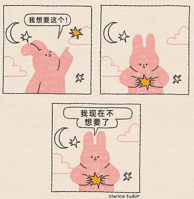 这是一幅三格连环卡通漫画，背景是带有弯月和云朵的夜晚天空。第一格中，粉色兔子开心地抬起手，指着一颗黄色星星，说出“我想要这个！”，表现出对星星的强烈渴望；第二格中，兔子已经捧着拿到的黄色星星，表情变得低落，没有对话；第三格中，兔子依旧捧着星星，平淡地说出“我现在不想要了”。漫画用可爱的画风，生动刻画了人们常见的“对事物渴望，得到后却迅速失去兴趣”的善变心理，贴近生活中很多人三分钟热度的状态，容易引发读者共鸣。