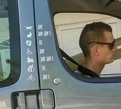 这是一张充满趣味的视觉错位照片：汽车车门上印有一排道路优先级标识（从上到下依次为动物、婴儿、孕妇、残疾人、推婴儿车的人、相互搀扶的人、骑自行车的人），对应右侧的罗马数字等级；而车内后视镜里的男子留着渐变短发，发型的渐变区域刚好和车门上的标识等级完美对齐，看起来仿佛男子的发型是按照这些等级来修剪的，制造出荒诞又搞笑的巧合效果。
这是典型的自然视觉错位，没有谐音梗或暗示，纯靠画面巧合带来笑点。