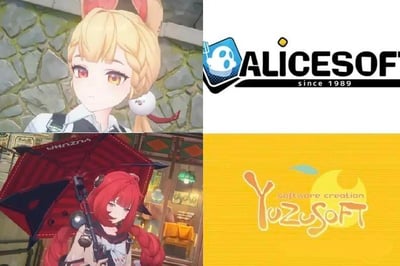 图片为四格拼接布局：左上是金发兔耳少女，背景为石墙，眼神平静；右上是ALICESOFT公司logo，蓝色幽灵图标搭配黑色文字“ALICESOFT since 1989”；左下是红发少女，手持红色雨伞，背景似店铺内景；右下是YuzuSoft公司logo，黄色背景上有橙色“YuzuSoft”字样及“software creation”小字。ALICESOFT和YuzuSoft均为日本美少女游戏开发商，图中角色可能来自其旗下游戏作品。