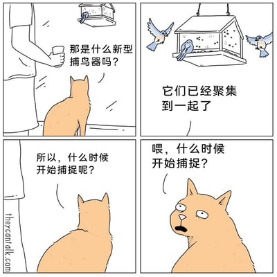 这是一组四格连环卡通漫画，以拟人化的橘猫为核心角色制造幽默效果。第一格中，橘猫背对着镜头，看向窗外悬挂的喂鸟器，向身旁的人类发问：“那是什么新型捕鸟器吗？”；第二格展示了多只鸟儿聚集在喂鸟器上进食的画面，橘猫的旁白式文字表示“它们已经聚集到一起了”，显然在为“捕捉”做准备；第三格橘猫继续专注看向窗外，追问人类“所以，什么时候开始捕捉呢？”；第四格橘猫终于按捺不住，回头看向人类，瞪大双眼、张开嘴巴，一脸焦急地催促：“喂，什么时候开始捕捉？”，全程将喂鸟器误认为捕鸟装置，这种认知上的误会构成了漫画的笑点，展现了猫的捕猎本能和可爱的傻气。