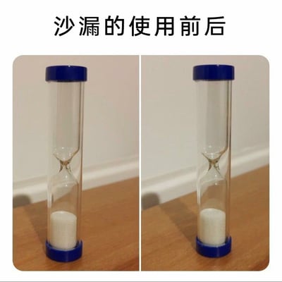 这是一张左右对比的静态趣味梗图，图片顶部配有文字“沙漏的使用前后”。图中展示了两个外观完全一致的蓝边玻璃沙漏，均放置在木质桌面、浅色墙面的环境中。仔细观察可以发现，左侧和右侧沙漏底部的沙子量几乎没有任何差别，看似是记录沙漏使用前后的状态变化，实际上通过这种几乎无变化的画面制造出强烈的反差感，幽默地调侃了那种时间流逝但没有任何实质进展、做了和没做一样的低效状态，比如摸鱼度日、工作毫无成果的场景，用夸张的方式表达对低效率、无产出情况的吐槽。