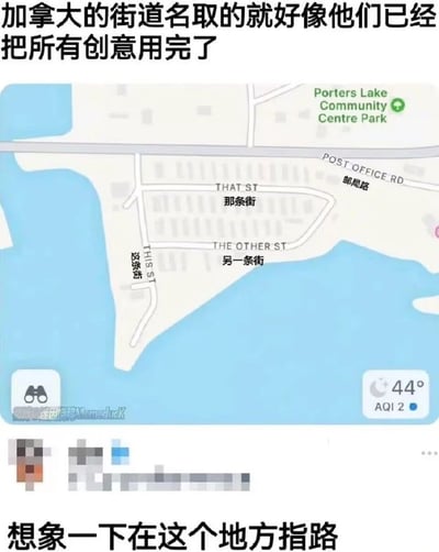 这张图片展示了一张加拿大地图的截图，上面标注了极其简单直白的街道名称："THIS ST"(这条街)和"THE OTHER ST"(另一条街)，旁边还有"POST OFFICE RD"(邮局路)。图片上方配有文字"加拿大的街道名取的就好像他们已经把所有创意用完了"，下方文字则是"想象一下在这个地方指路"，通过这种直白到近乎敷衍的街道命名方式制造幽默效果，暗示加拿大在街道命名上缺乏创意。