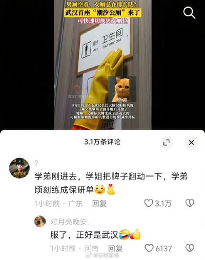 该图片为社交媒体截图，内容围绕武汉首座“潮汐公厕”展开。上方显示新闻标题“男厕空着、女厕总在排长队？武汉首座‘潮汐公厕’来了 可快速切换男女厕位”，配图为一只戴着黄色手套的手正在翻动标有“男卫生间 MEN BATHROOM”的标识牌，牌旁还插入了一张猫咪图片。中间部分是新闻正文，介绍8月1日武汉长江大桥汉阳桥头的公厕升级后，通过活动式标识牌根据客流切换男女厕位以减少排队。下方展示了两条热门用户评论，其中一条“学弟刚进去，学姐把牌子翻动一下，学弟顷刻练成保研单”获3.1万点赞，另一条“服了，正好是武汉”获6137点赞。整体呈现新闻与网友互动结合的场景，无明显双关或谐音梗。