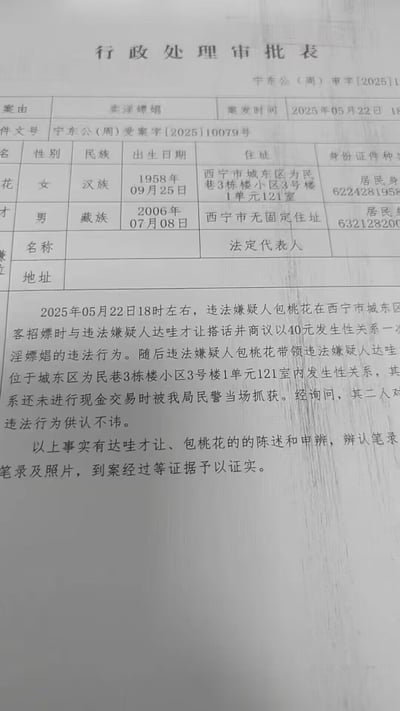 这是一份行政处理审批表，记录了一起卖淫嫖娼案件。表格中包含案件编号、案由、案发时间等基本信息，以及违法嫌疑人包桃花（女，汉族，1958年出生）和达哇才让（男，藏族，2006年出生）的个人详细信息。案情描述显示，2025年5月22日18时左右，二人在西宁市城东区商议以40元发生性关系，在尚未进行现金交易时被民警当场抓获，且二人对违法行为供认不讳。表格还列出了相关证据，包括当事人陈述、辨认笔录、查获经过等。