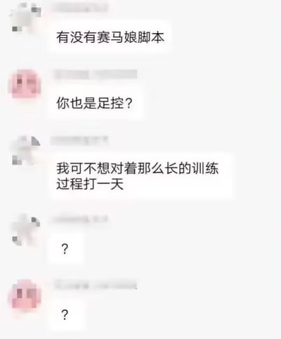这是一段玩家之间的聊天记录截图，对话中出现了有趣的误解：灰头像用户询问是否有《赛马娘》的游戏脚本，解释自己不想耗费大量时间在游戏里漫长的训练过程上；粉头像用户则将《赛马娘》的拟人赛马角色和“脚”的元素挂钩，误解成对方在说“足控”，询问对方“你也是足控？”，最后双方都发出问号，呈现出因误解产生的搞笑乌龙场景。