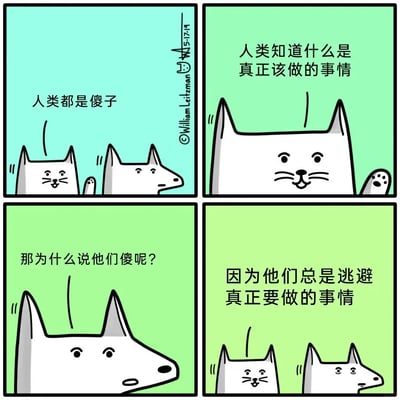这是一则由四格画面组成的卡通连环漫画，以卡通猫和卡通狗的对话展开。第一格中，卡通猫一脸了然地说“人类都是傻子”，旁边的卡通狗表情平淡；第二格，卡通猫抬着爪子，认真地表示“人类知道什么是真正该做的事情”；第三格，卡通狗露出疑惑的神情，询问“那为什么说他们傻呢？”；第四格，卡通猫得意地给出答案“因为他们总是逃避真正要做的事情”，此时卡通狗露出恍然大悟又略带无奈的表情。漫画通过动物的对话，精准戳中人类普遍存在的“明知该做正事却不断逃避”的痛点，用幽默又扎心的方式点明了这一常见的人生困境。