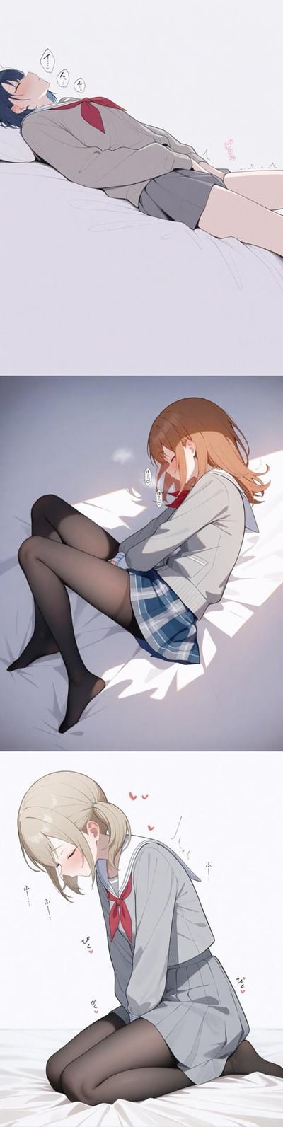这是一组由三张竖图拼接而成的AI原创插画，展示了三位身着JK水手服制服的少女，各自以不同姿势待在床上：
1. 蓝发少女仰躺在床上，双手被反绑，闭眼露出羞涩神态，旁有拟声词烘托情绪；
2. 棕发少女侧坐在床上，蜷缩着双腿，双手被反绑，闭眼害羞；
3. 浅金发少女跪坐在床上，双手被反绑，周围的爱心符号和拟声词凸显出心动羞涩的氛围。
整组图风格软萌，通过拟声词和肢体动作传递出少女的害羞情绪，无特殊双关、谐音梗或暗示内容。
