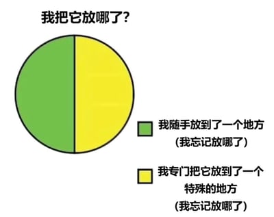 这是一张用饼图形式制作的搞笑吐槽梗图，标题为“我把它放哪了？”。饼图被平均分为两部分：绿色部分对应“我随手放到了一个地方（我忘记放哪了）”，黄色部分对应“我专门把它放到了一个特殊的地方（我忘记放哪了）”，两种不同的放物品方式最终都指向“找不到”的结果，精准戳中人们日常丢三落四、找不到东西时的真实经历，内容真实又好笑。