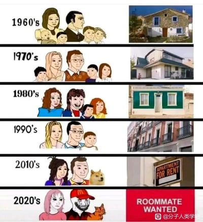 这是一张分六个年代展示的连环对比梗图，纵向呈现了1960年代到2020年代的家庭规模与居住条件的变化：1960年代是多子女的大家庭，对应独栋石砌房屋；1970年代是四口之家，对应较好的独栋住宅；1980年代是三口之家，对应小型独栋房屋；1990年代是三口之家，对应公寓楼；2010年代是夫妻加一只doge梗图形象，对应出租公寓；2020年代是带有Wojak苦涩表情的男性、女性加一只猫，对应寻找室友的房间。图中用夸张的卡通形象和住房条件的逐步降级，讽刺了随着时代发展，生活成本、房价不断上升，人们的家庭规模缩小，居住需求从拥有自有住房退化为合租，生动地展现了当代年轻人面临的生存压力，是一种对现实困境的自嘲式表达。