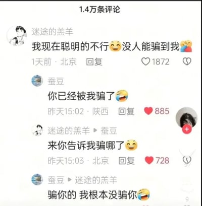 社交媒体评论区截图，显示1.4万条评论下的用户互动。用户‘迷途的羔羊’（北京）称‘我现在聪明的不行 😆 没人能骗到我 🤣’，1天后用户‘蚕豆’（陕西）回复‘你已经被我骗了 😂’，获885赞。‘迷途的羔羊’追问‘来你告诉我骗哪了 😆’（728赞），‘蚕豆’再回‘骗你的 我根本没骗你 😂’，形成幽默互怼的对话链条。