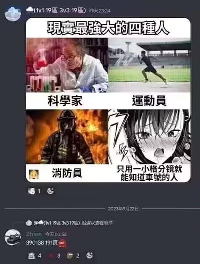 这是一张来自中文社交群聊的截图，截图上方是一张四格拼贴梗图，标题为“现实最强大的四种人”。前三格分别展示了三类大众认知中能力出众的职业：正在实验室做实验的专注科学家、在跑道上全力奔跑的运动员、在火灾现场执行任务的严肃消防员；第四格则是一张脸红惊讶的动漫女性图，配文“只用一小格分镜就能知道车号的人”，以此调侃那些拥有超强观察力、能从极小画面细节中提取信息的人，带有搞笑戏谑的意味。截图下方是群聊内的回复内容，用户“Zhien”发送了“390138 191页”和爱心表情，群内还有点赞、评论、收藏等互动数据。