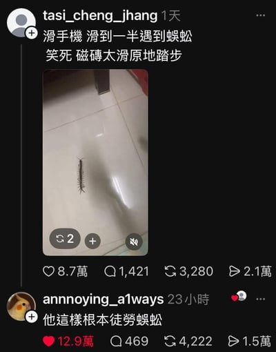 社交媒体截图展示了一段搞笑视频，内容是一只蜈蚣在光滑的瓷砖地面上试图爬行，但因为地面太滑而原地踏步无法前进。视频配文'滑手機 滑到一半遇到蜈蚣 笑死 磁磚太滑原地踏步'表达了拍摄者的有趣发现。下方有一条热门评论'他這樣根本徒勞蜈蚣'，巧妙运用谐音梗，将成语'徒劳无功'改为'徒劳蜈蚣'，既描述了蜈蚣的状态又制造了幽默效果。