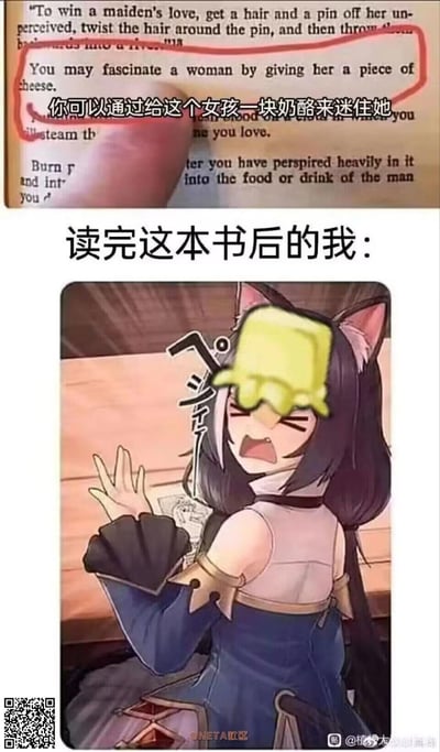 这是一张上下拼接的搞笑梗图：
1. 上方是一本复古魔法类书籍的截图，里面记录着各种离谱的恋爱魔法偏方，其中被重点标注的内容是“你可以通过给这个女孩一块奶酪来迷住她”，还有诸如偷取头发和别针施法的奇葩内容。
2. 下方是《公主连结！Re:Dive》里的凯露（被网友称为“臭鼬娘”）的P图，她头顶一块奶酪，表情崩溃抓狂，配文“读完这本书后的我：”，通过角色的崩溃反应吐槽这些恋爱魔法的荒谬，制造出无语又好笑的效果。
图中没有双关、谐音梗或暗示内容，纯靠离谱内容与角色表情的反差实现搞笑效果。