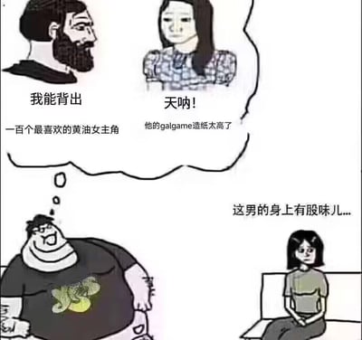 这是一张反差类ACG梗图，展现了肥宅的自我认知与他人真实看法的巨大落差：肥宅沉浸在自我想象中，觉得自己能背出一百个黄油女主角，是galgame造诣（图中用谐音“造纸”玩梗）极高的大佬，想象里的自己是帅气胡子男，还收获女生的崇拜赞叹；但在现实里，他是个满脸得意的肥胖宅男，旁边的女生满脸嫌弃，吐槽他身上有股味儿。通过这种强烈的反差制造搞笑讽刺的效果，调侃ACG圈子里的肥宅形象。
