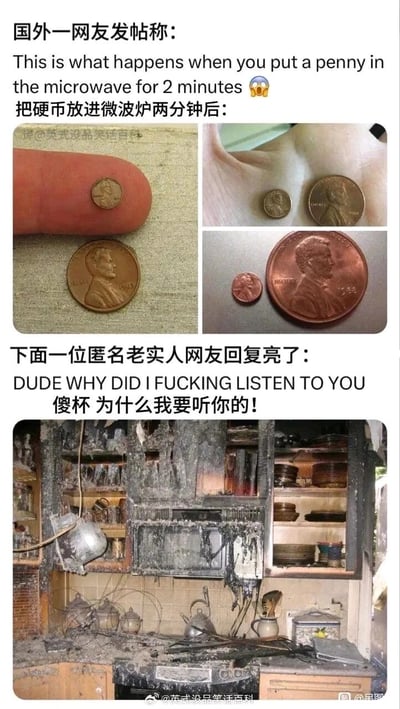这是一组搞笑的网络梗图，上方是国外网友发布的内容，称将1美分硬币放进微波炉加热两分钟后会变小，并附上了硬币变小的对比图；下方是一位匿名网友轻信了该说法，实际操作后引发事故，导致自己的厨房被严重烧毁，该网友愤怒地吐槽自己为何要听信这个不实说法，整体呈现出轻信网络不靠谱实验后遭遇惨烈后果的搞笑翻车场景，调侃了盲目跟风网络实验的行为。