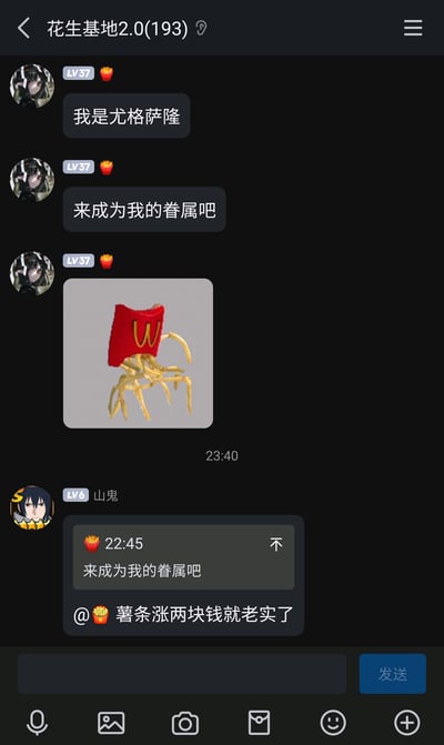 这是一张竖屏手机群聊截图，群名为“花生基地2.0(193)”，群内共有193名成员。群内一位LV37、头像为二次元角色且带有薯条标识的用户发起玩梗，自称是《魔兽世界》中的古神“尤格萨隆”，邀请群友成为自己的眷属，还发送了一张将麦当劳薯条包装与薯条拼接成类似克苏鲁古神形象的趣味P图。随后群内LV6的用户“山鬼”回复调侃，以“薯条涨两块钱就老实了”的现实化吐槽回应这个玩梗，整体是兴趣社群内的趣味互动，充满轻松搞笑的氛围。