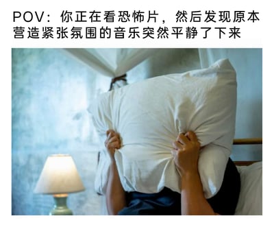 这是一张图文结合的梗图，上方配文“POV：你正在看恐怖片，然后发现原本营造紧张氛围的音乐突然平静了下来”，下方是卧室场景的实拍照片：画面中一个人坐在床上，双手紧紧攥住一个白色大枕头，将整张脸完全藏在枕头后方，只露出两只用力的手臂；床头的台灯亮着，柔和的灯光和人物紧绷的动作形成反差。这个画面精准还原了大众看恐怖片时的真实反应——恐怖片里紧张BGM的骤停往往预示着更惊悚的情节即将出现，人物用枕头遮挡自己的行为，正是因为害怕即将到来的恐怖画面，想要通过回避来缓解恐惧。